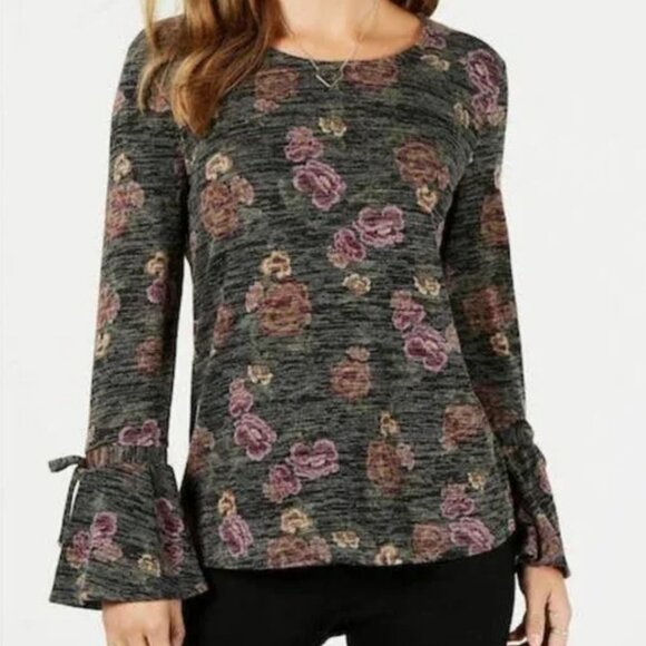 Style & Co Printed Lantern Sleeve Top Black Floral Size PP NWT - Picture 1 of 8